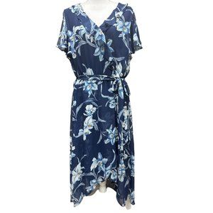 Lane Bryant Navy Light Blue Floral Hi Lo Hem Dress W/ Flutter Sleeves Size 22/24